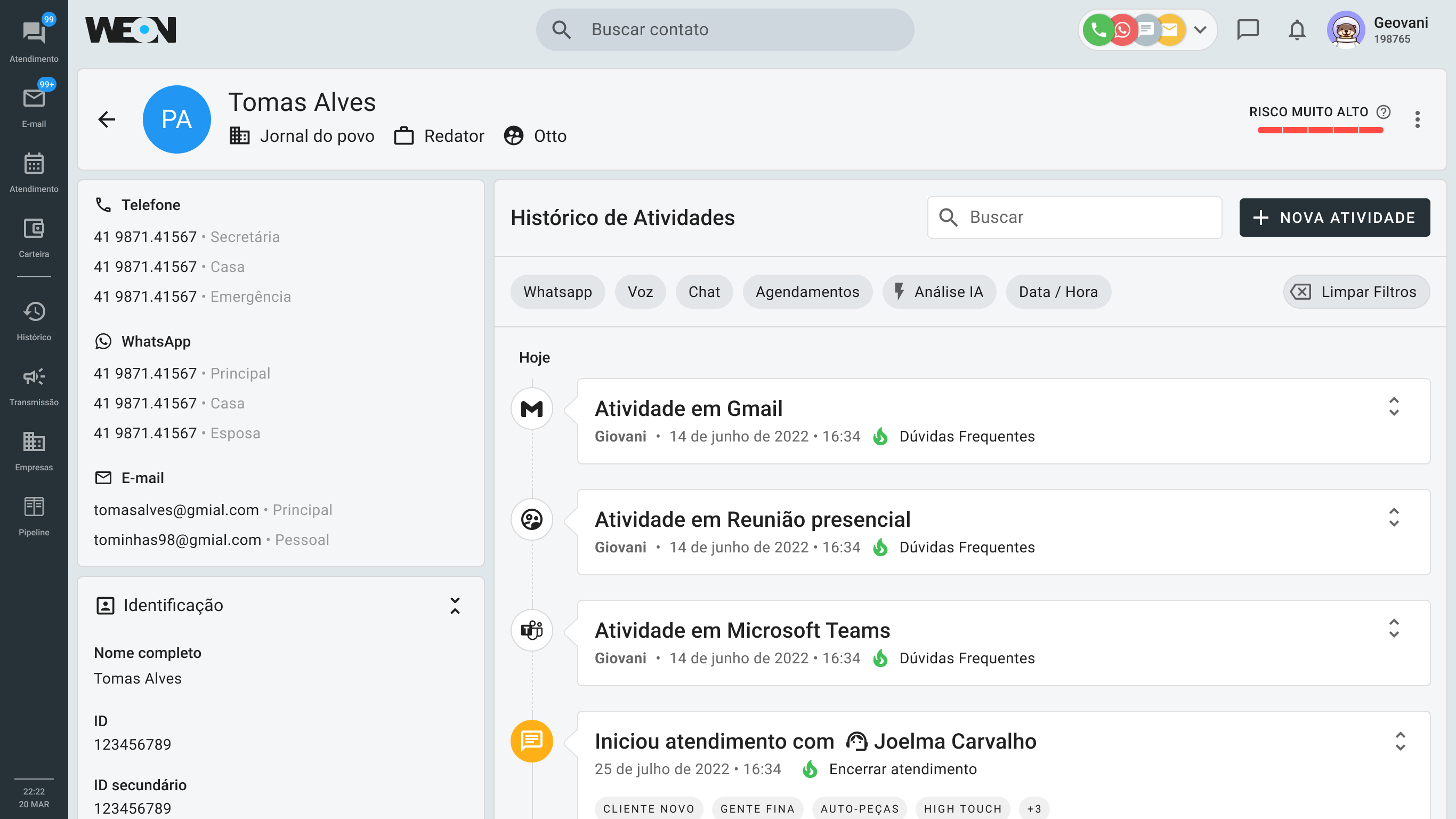 Visão 360° do contato na WeON: histórico de atividades multicanal